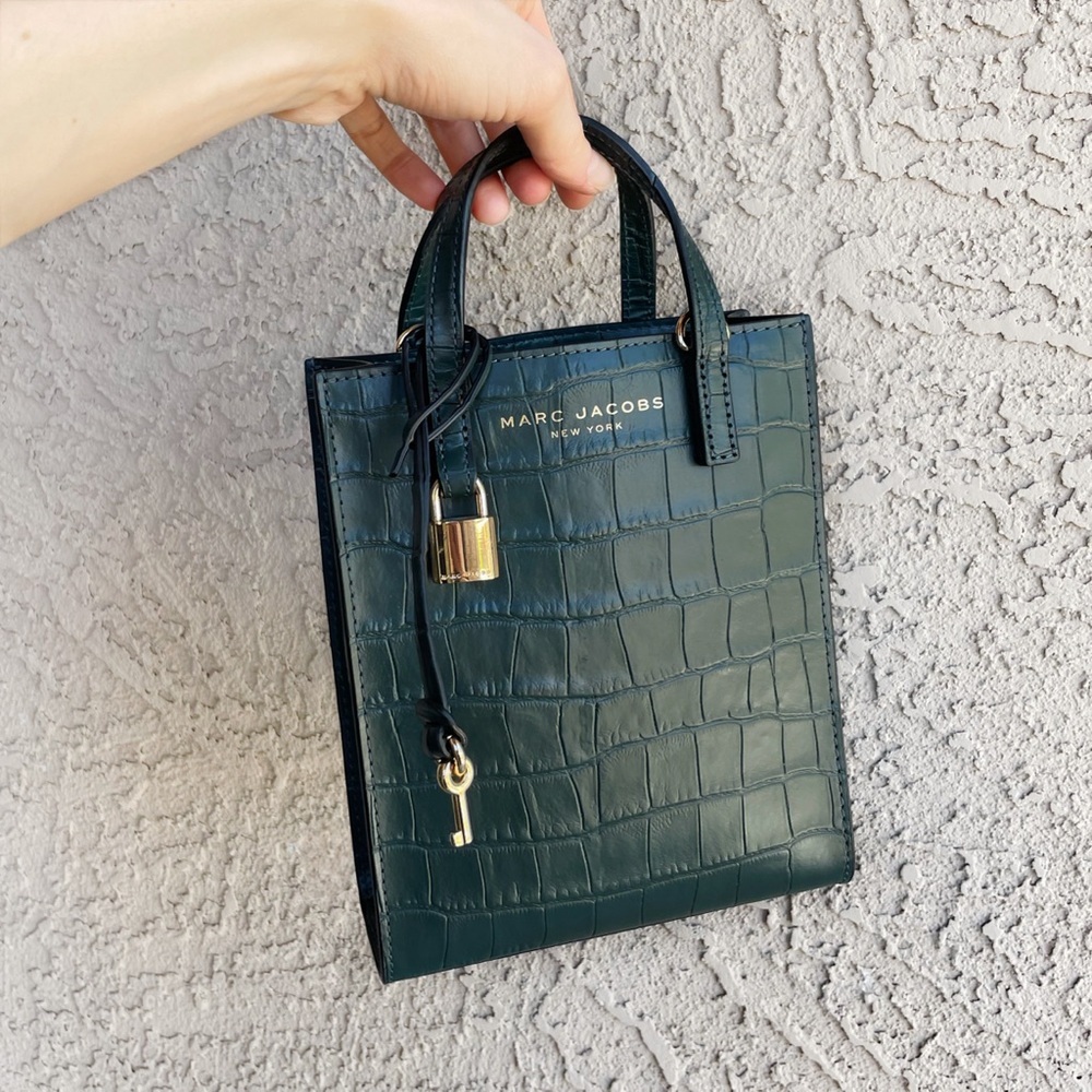 MARC JACOBS Dark Green Croc Embossed Leather Mini Crossbody Micro Tote Bag - Picture 10 of 15